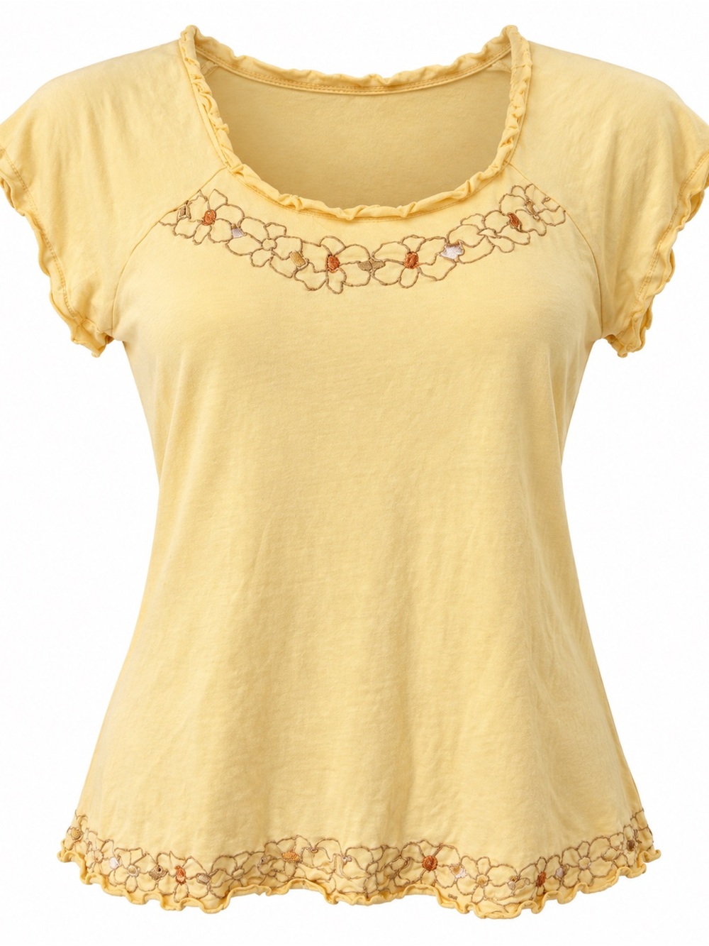 Pashu Butter Yellow Floral Embroidered Cap Sleeve Top S